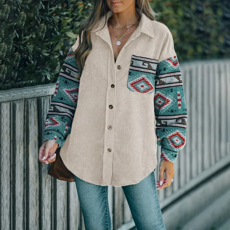 Ethnic Style Patchwork Single Breasted Lapel Coat, Women's New Autumn/winter Corduroy Spell Color Thin Shirt Coat with Pockets