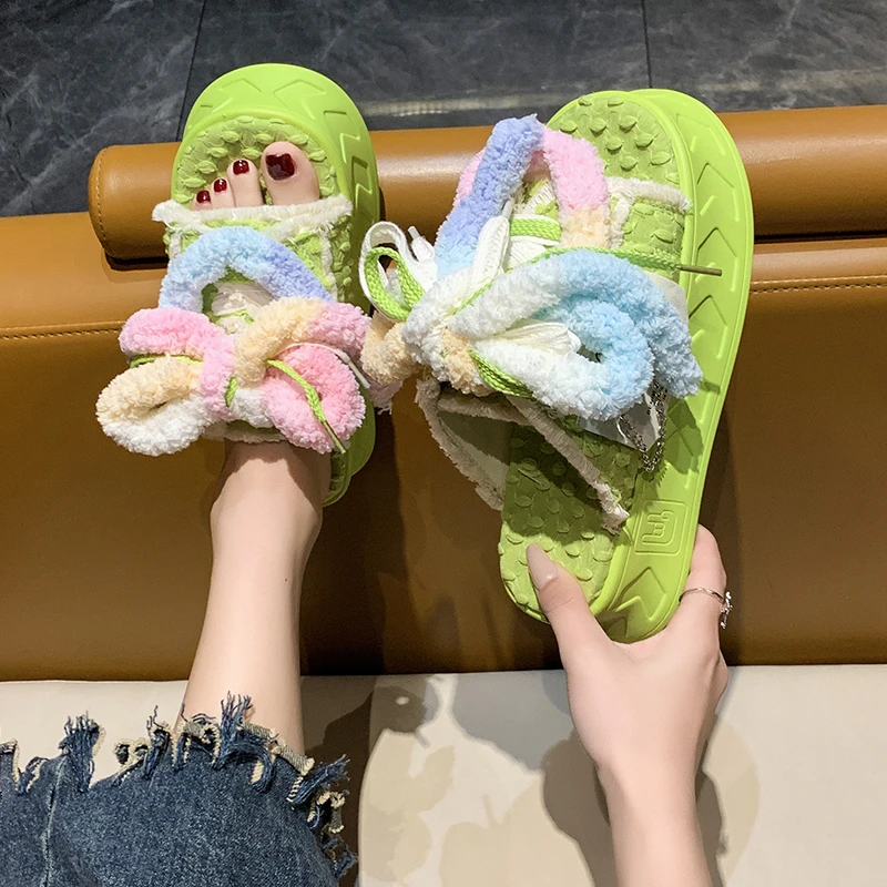 Kawaii 5.5CM Summer Women Weave Slippers Platform Shoes Mules Flip Flops Candy Color Sandals Flat Casual Soft Cute Outdoor Shoes