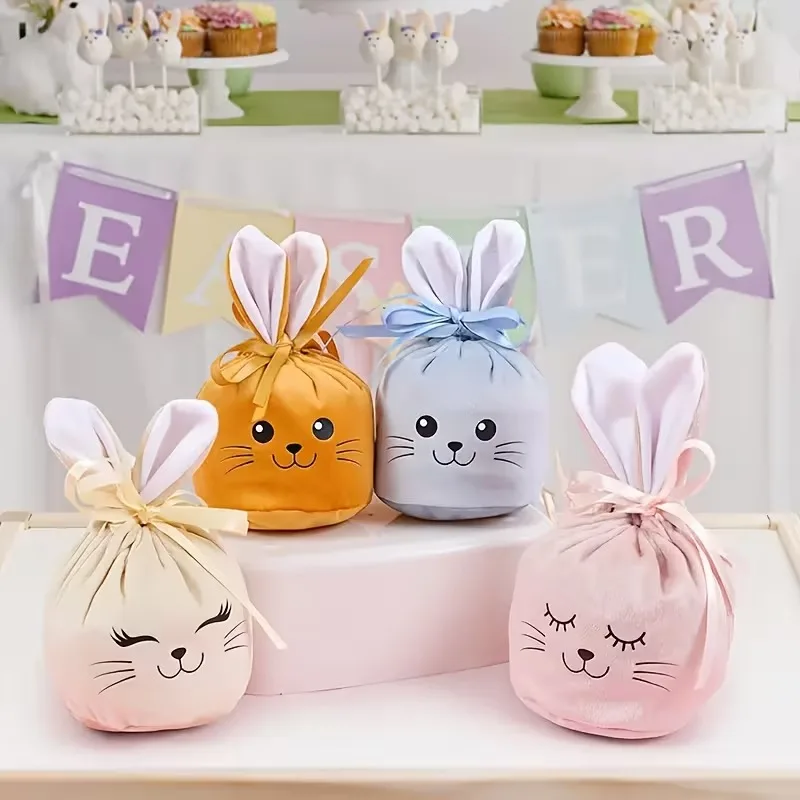 10-40PCS Easter Party Drawstring Gift Bag Bunny Pouch Sack Smiling Face Transfer Craft Candy Bag Storage Easter Basket Packaging