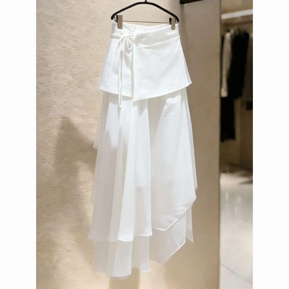 White High Waist Half Skirt Women's Fashionable Summer New Style Belted Hip Concealing Slimming Design Gentle Wind Long Skirt