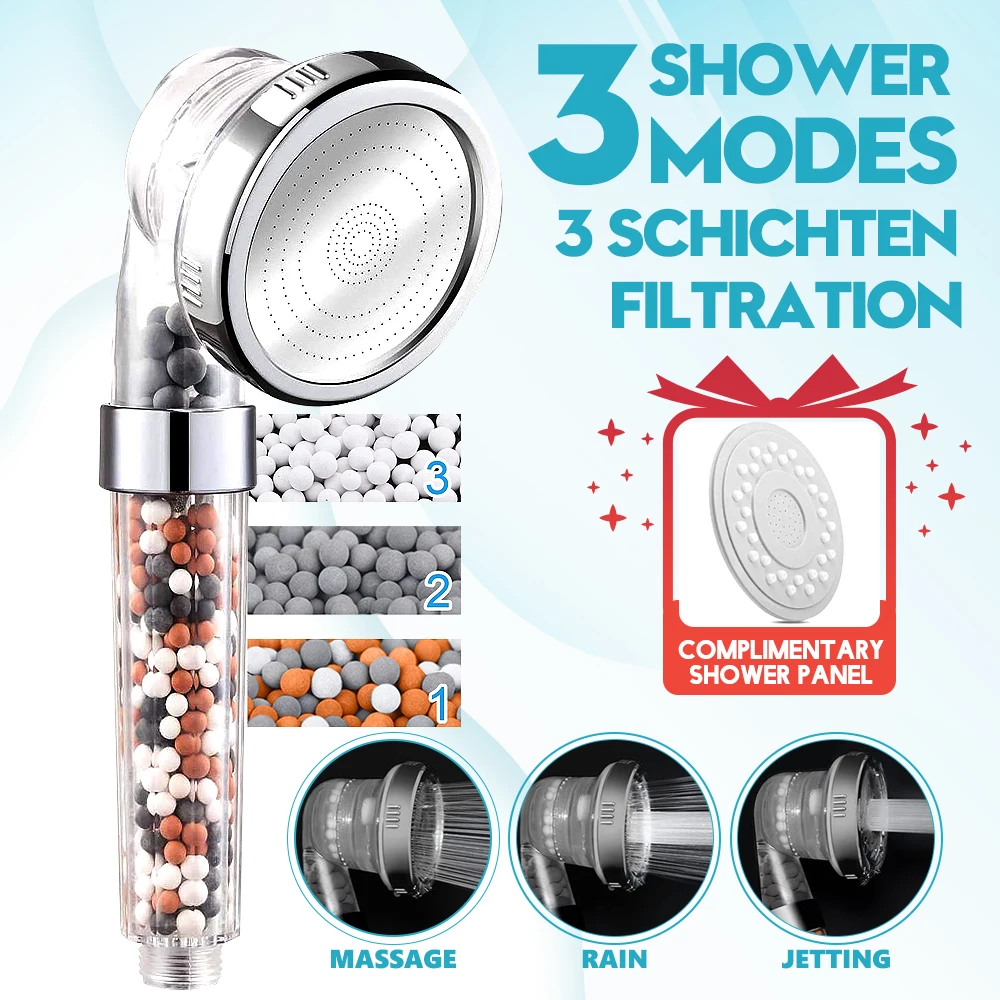 3 Modes  High Pressure Saving Water Shower Head SPA Tourmaline Filter Bathroom Accessories,Rainfall Shower Head