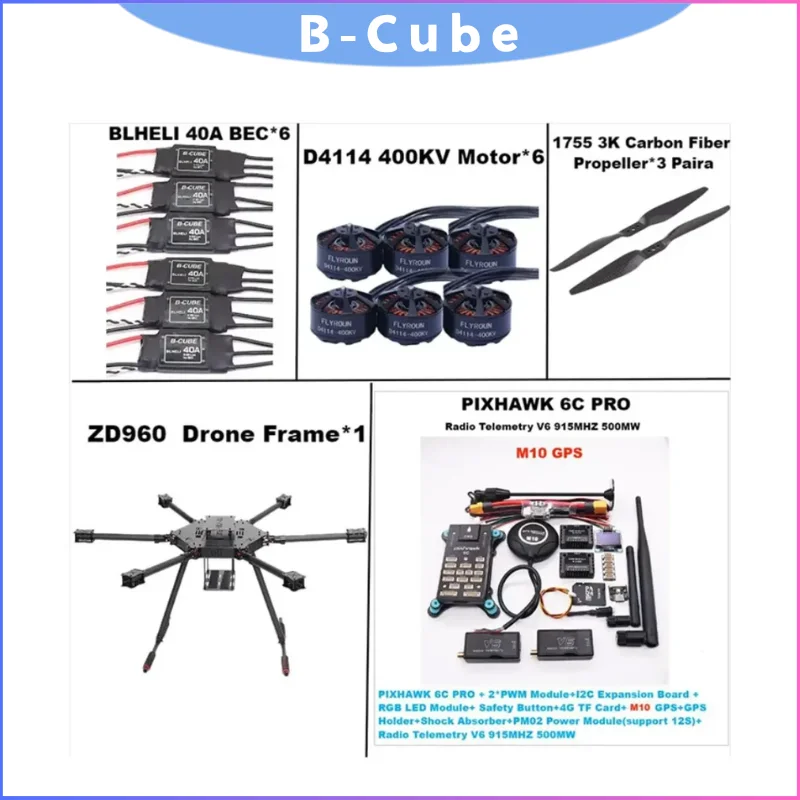 

B-CUBE ZD960 Full Carbon Fiber Hexacopter Frame Kit with Pixhawk 6C PRO M10 GPS, BLHeli 40A ESC and Radio Telemetry Set