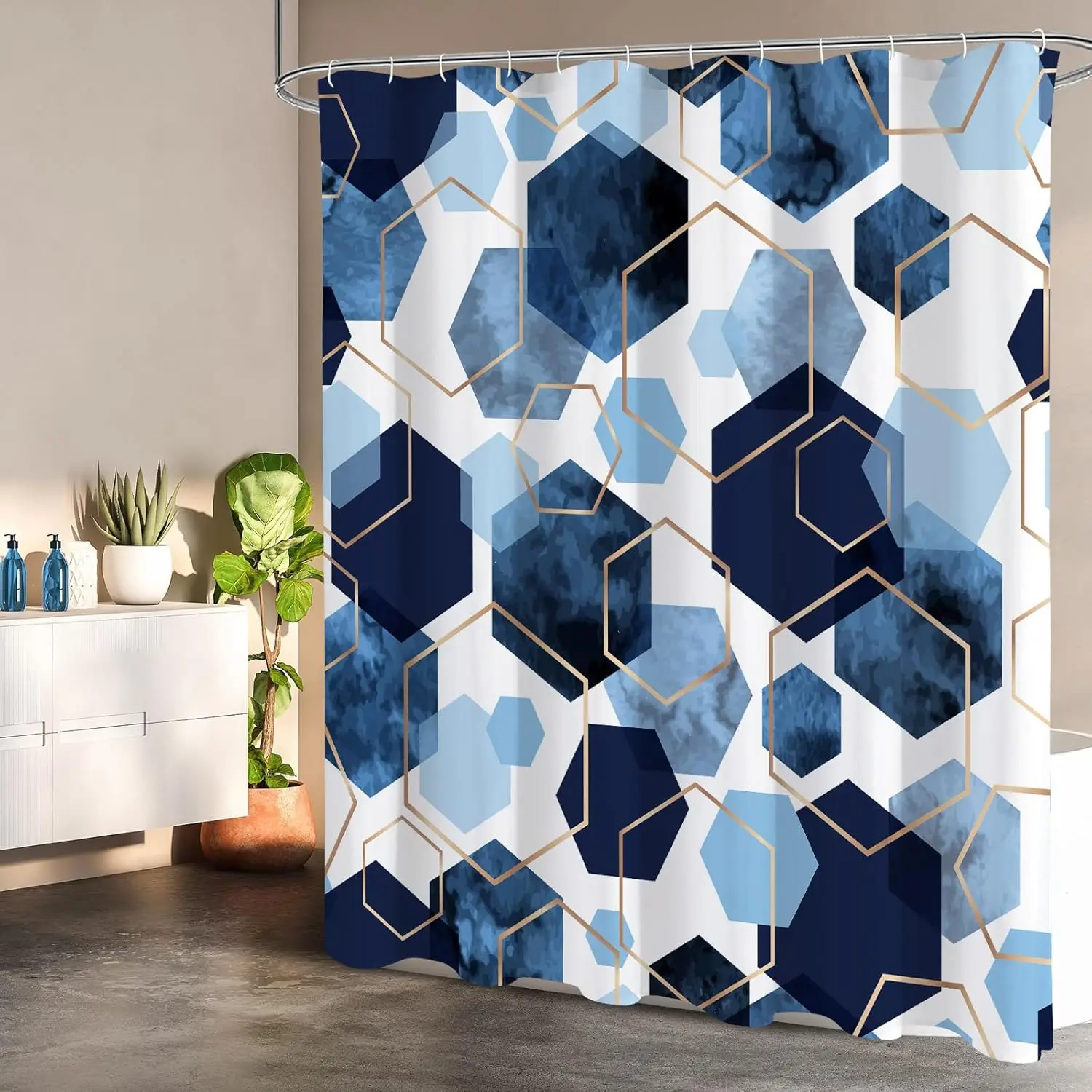 Navy Blue Geometric Hexagon Shower Curtain, Modern Marble Texture Gold Lines Waterproof Fabric Bath Curtain, Abstract Blue