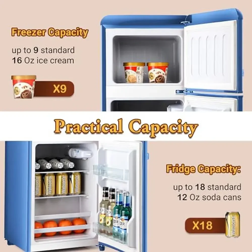 Mini Fridge Freezer Combo 3.2 cu. ft Double Door Glass Shelf Ice Trays Quiet Operation Energy Saving