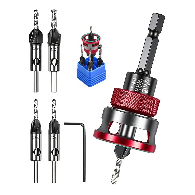 hss-m2-4-flute-countersink-drill-bit-set-5pcs-adjustable-depth-collar-wrench-82-degree-wood-plywood-mdf-drilling-tool