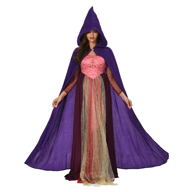 Sarah Sanderson-vestidos de fantasía para mujer, capa, peluca, película Hocus de bruja, disfraz de Pocus, ropa de fiesta de Halloween para mujer
