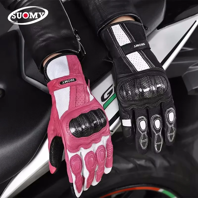 Suomy Vintage Leather Motorcycle Gloves Pink Non-Slip Motocross Riding Gloves for Men Women Retro Protective Gear Gloves XS-XXL