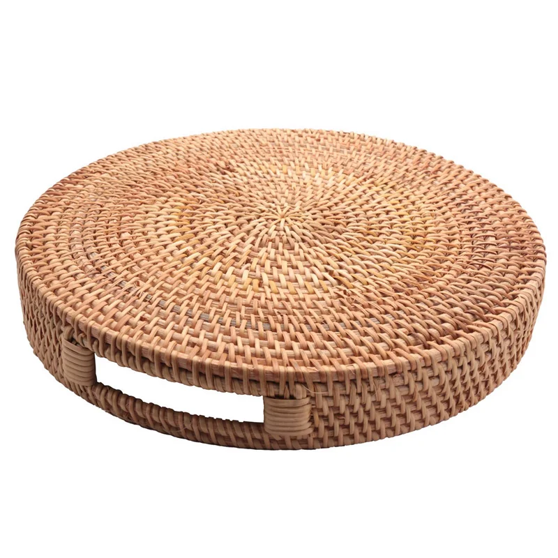 

ABPQ-4X Round Rattan Woven Serving Tray With Handles Ottoman Tray For Breakfast, Drinks, Snack For Coffee Table