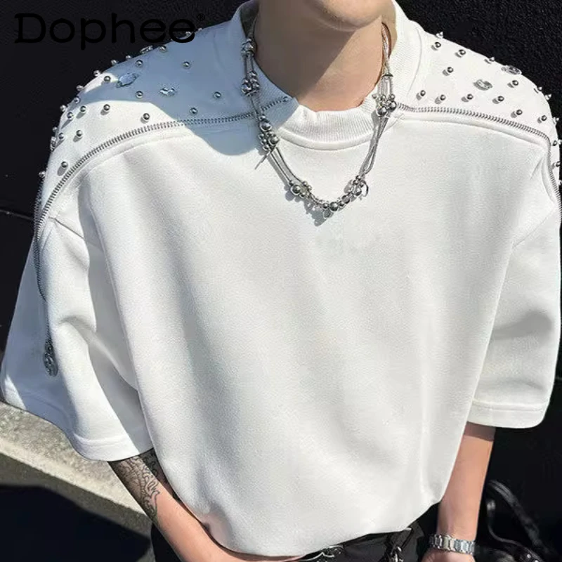 

Men's 2025 Summer New Niche Rhinestone Bead Zipper Tops Male Shoulder Pads Short-sleeve Round Neck T-shirts Trendy Handsome Tees