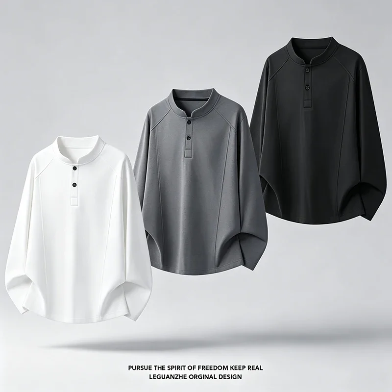 Mens Casual Long Sleeve Henley Shirt Stand Collar Raglan Seam Loose Fit Lightweight Soft Basic Tops view 5