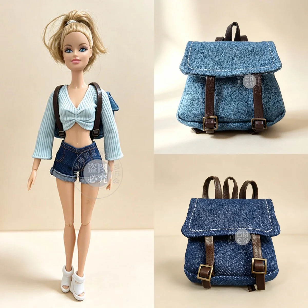 1/6 Doll Clothes Dress Up Accessories Fashion Casual Dark Blue/Light Blue Denim Backpack For 30cm FR Babi Supermodel Doll