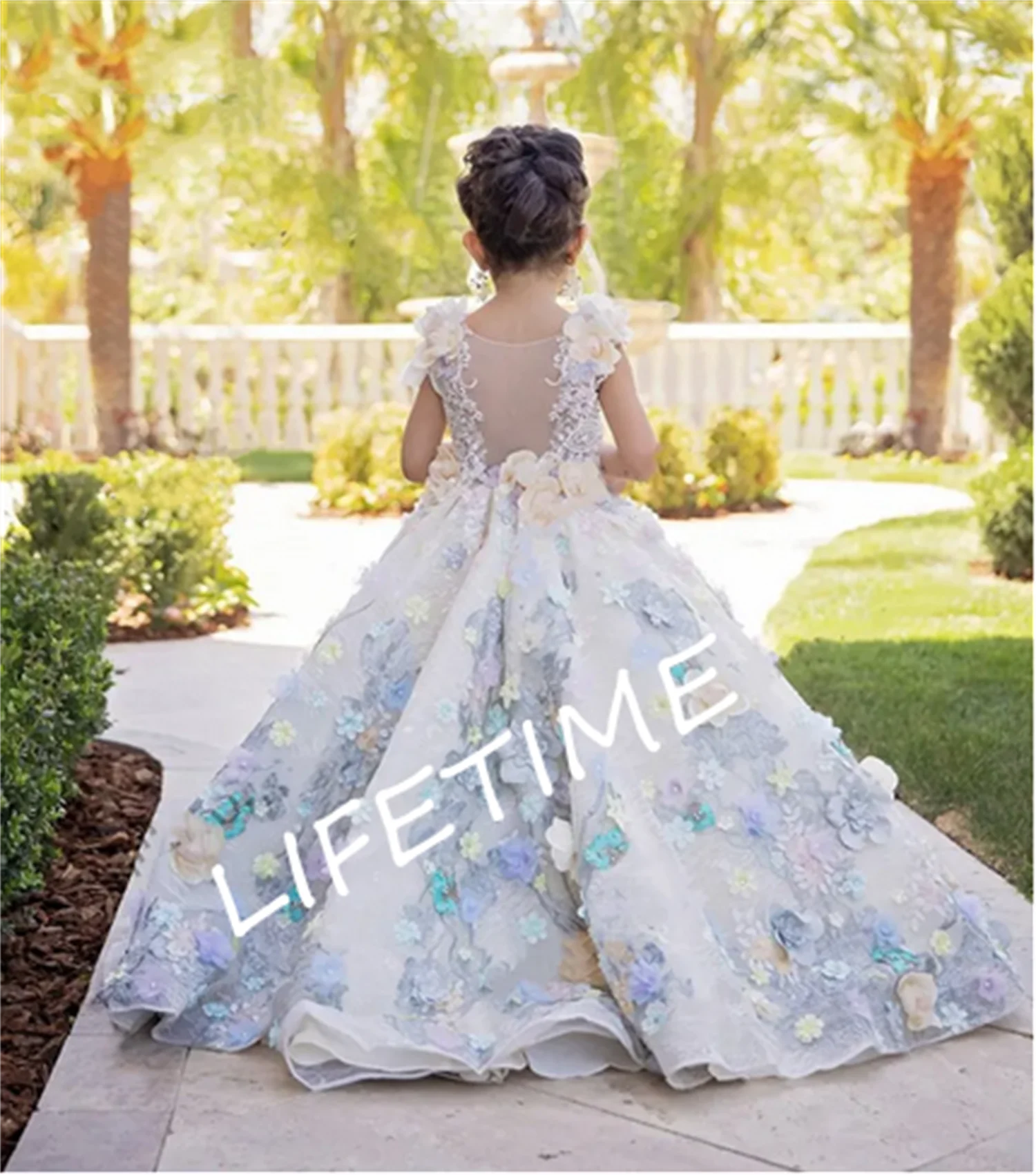 

Princess Ball Gown Flower Girl Dresses Floral Lace Appliques 3D Flowers Girls Formal Party Birthday Gowns
