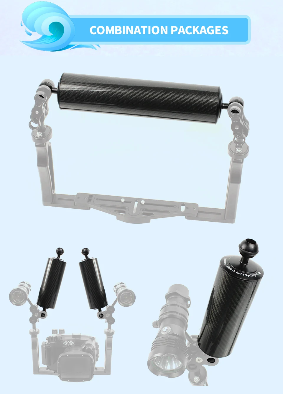 D60mm Carbon Faser Auftrieb Arm 25mm Dual Ball Kopf 5 8 10 12 "für GoPro 13 SLR Kamera unterwasser Tauchen Tablett Füllen Licht Halterung – Detail 18