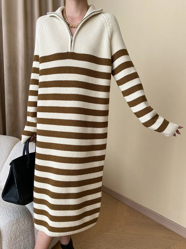 

Women Color-block Stripe Big Size Midi Knitting Dress New Turtlenek Long Sleeve Loose Fashion Spring Autumn O842