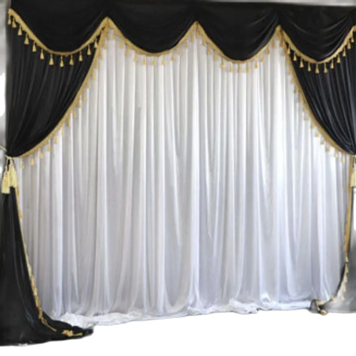 

10*10FT Silk Cloth Black Curtain Tassel Swag Backdrop for Wedding Background Drapes Event Decoration