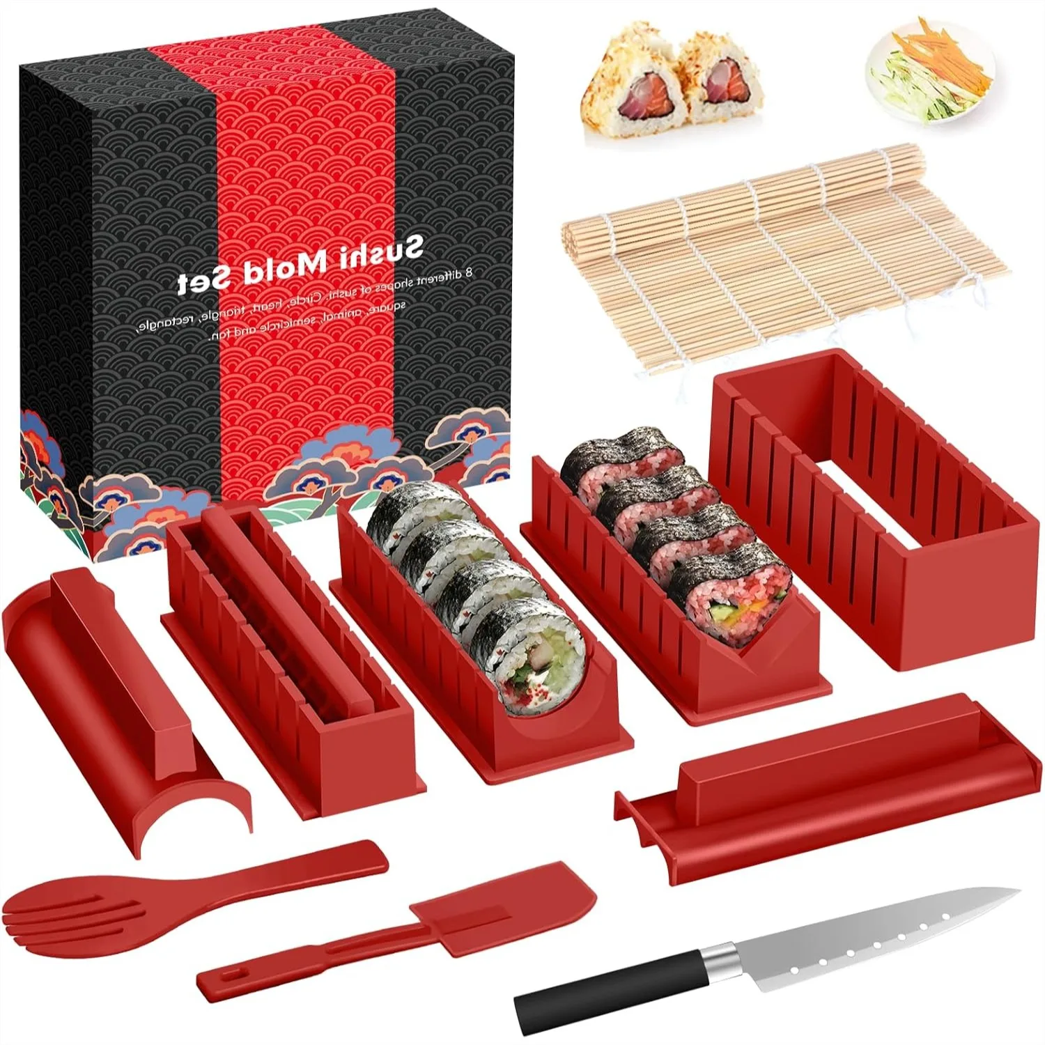 Kit de lujo para hacer sushi, completo, 12 piezas, molde para sushi casero con moldes para rollos de arroz, cuchillo, tapete para enrollar, palillos
