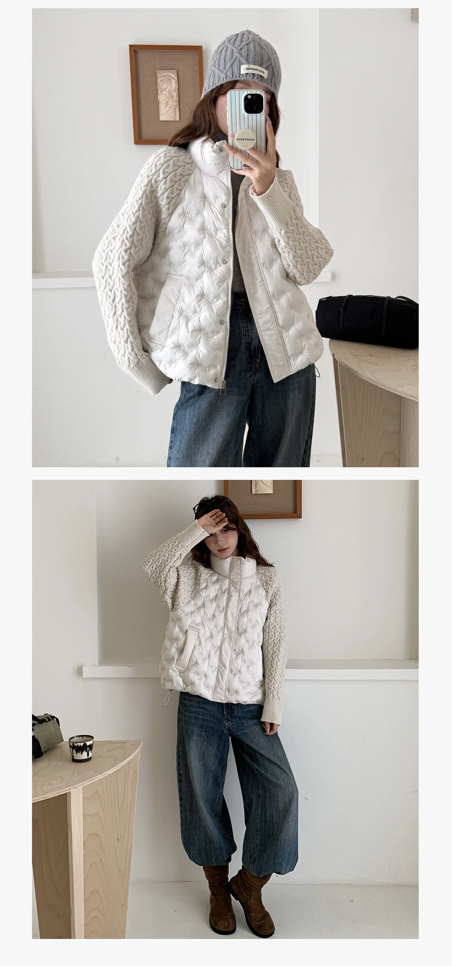 Korean Cable Knit Sleeve Spliced Padded Jacket 2026 Winter Stand Collar Warm Puffer Jacket Women All Match Casual Quilted Parkas