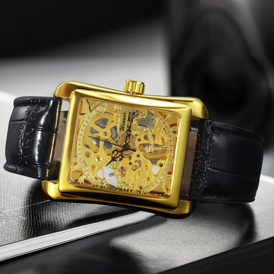 WINNER Classic Skeleton Mechanical Watches Rectangle Retro Gold Watch for Women Luxury Leather Strap Unisex Couple Wristwatches