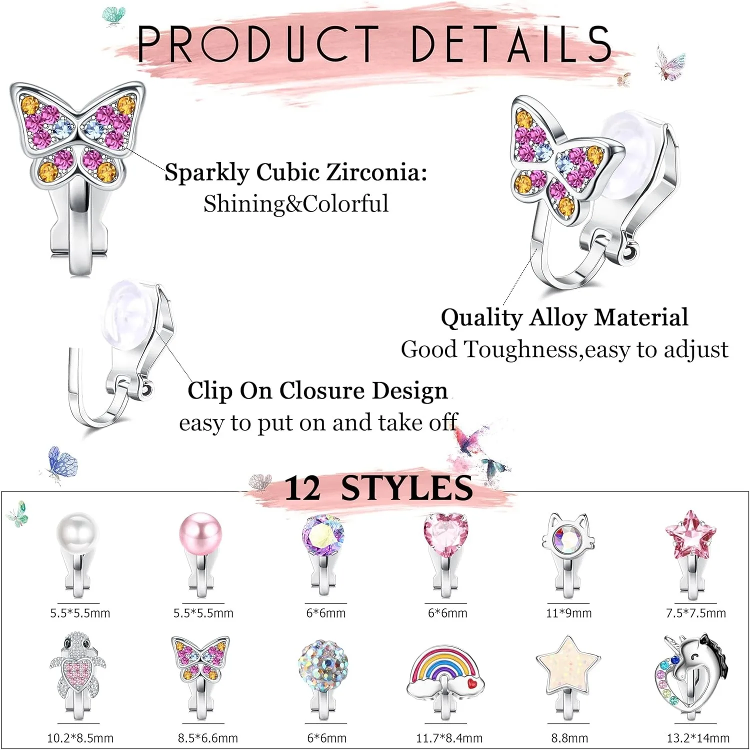 12Pairs Clip on Earrings Set for Women Fake Non Pierced Earrings Cute CZ Cat Pearl Star Heart Clip Earring Hypoallergenic Jewel