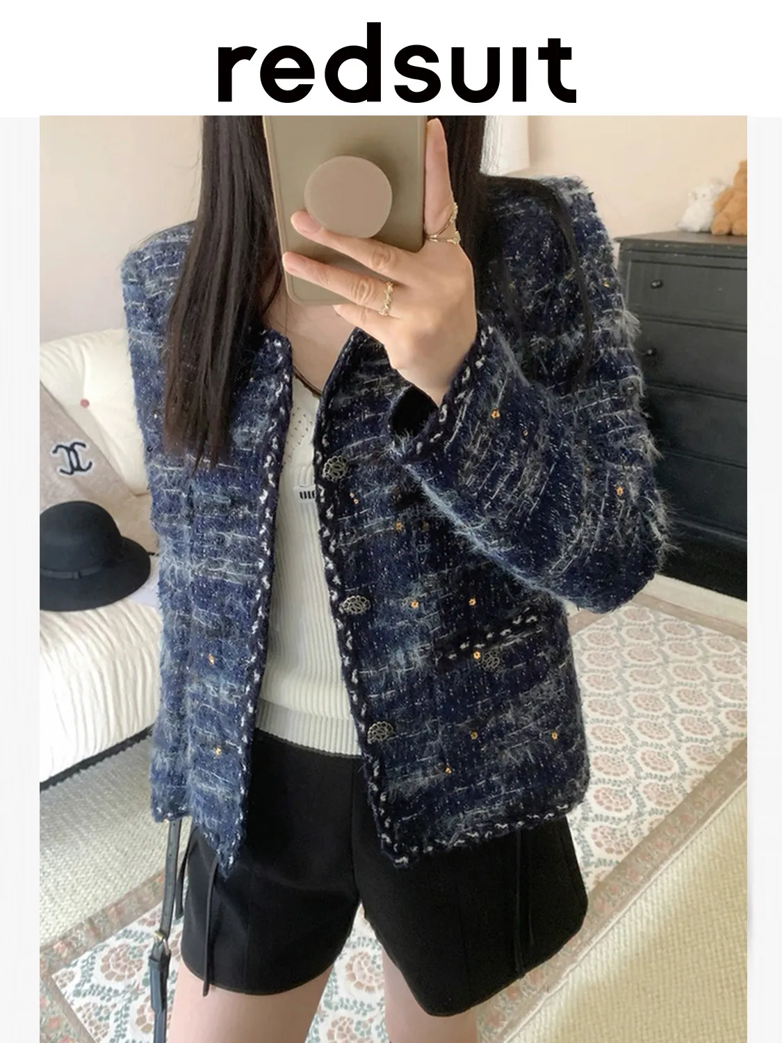 New Luxurious handmade lace round neck navy blue four pocket jacket with white highlights Custom Size