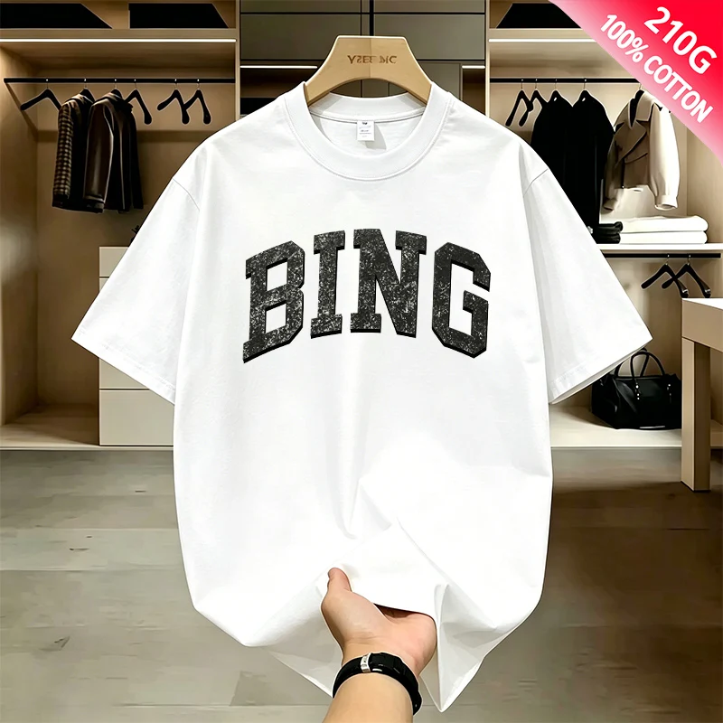 Men's summer 100% cotton short-sleeved T-shirt, vintage cracked letter print crew neck loose streetwear  tee Large size5XL-H34