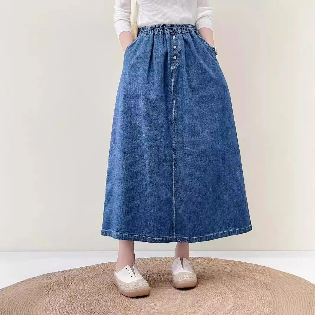 

Free Shipping 2024 New Blue Long Mid-Calf Women Elastic High Waist Spring Summer Denim Lady A-Line Slit Blue Skirts