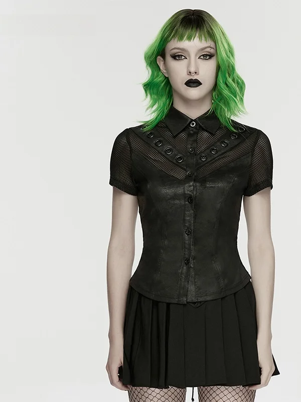 

Punk Style Women's Short Sleeve Shirt Patchwork Mesh Waist Cinching Black Decorative Chicken Eye Top Fashionable Casual Shirt
