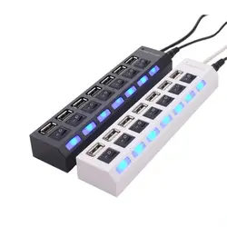 USB 허브 2.0 분배기, 노트북, PC, 컴퓨터, 검정색, 흰색용 개별 켜기/끄기 스위치 및 조명이 있는 7포트 USB 데이터 허브
