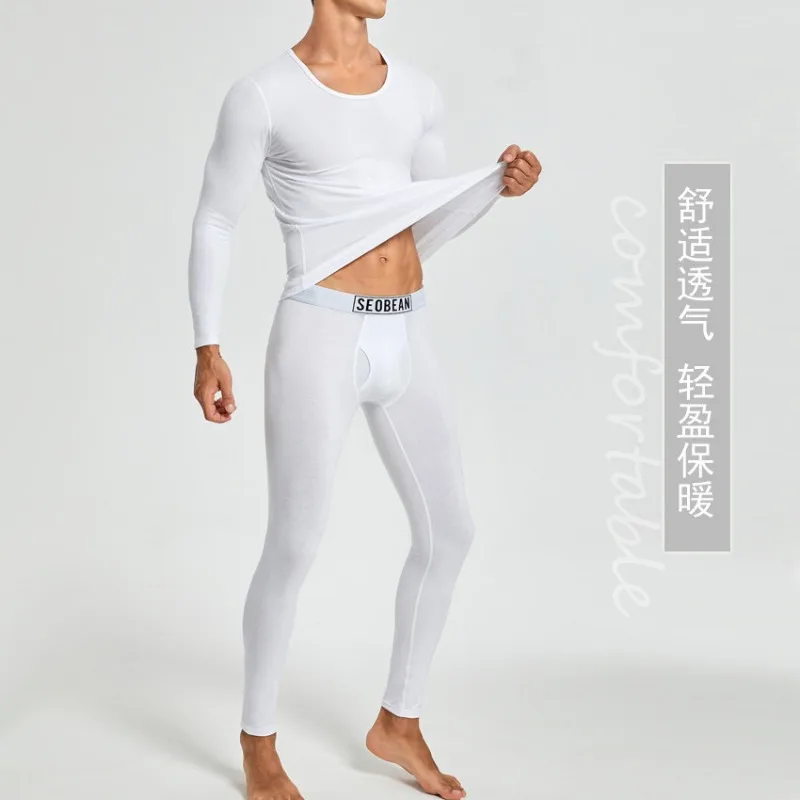SEOBEAN Men Thermal Underwear Set Crew Neck Cotton Slim Fit Soft Long Johns Top Pants 2 piece set Warm Base Layer For Autumn