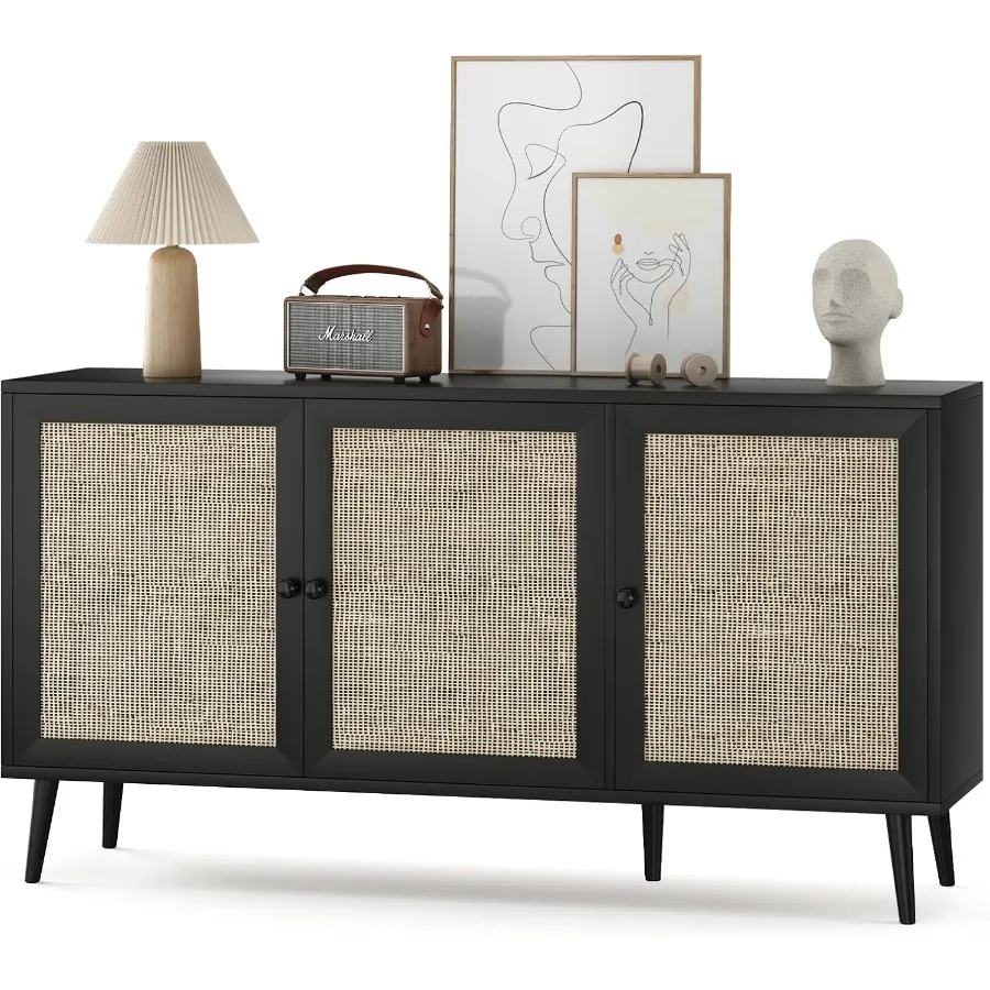 사이드보드 뷔페 캐비닛 3개의 라탄 도어가 있는 현대적인 주방 수납 콘솔 캐비닛 현관 거실용 대형 블랙