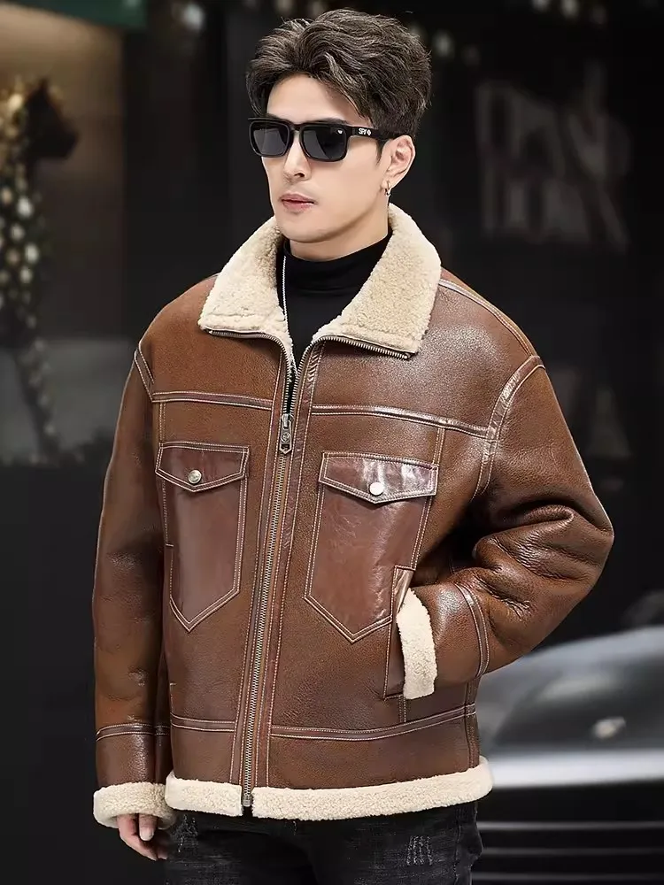 Luxury Men Winter Natural Shearling Business Casual Work Coat Sheepskin Genuine Leather Real Fur Jacket Warm Wool Liner Overcoat