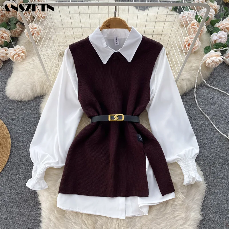 ANSZKTN Womem Spring Autumn College Style Waistband White Long Sleeve Shirt Knitted Vest Two Piece Shirt Top Blouses Shirts