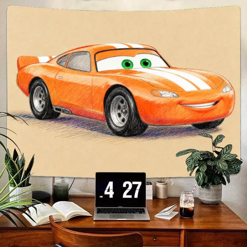 

1 шт., оранжевый эскиз, автомобильный гобелен с зелеными глазами, современные настенные рисунки из полиэстера для детей, декор для спальни для мальчиков, подарок