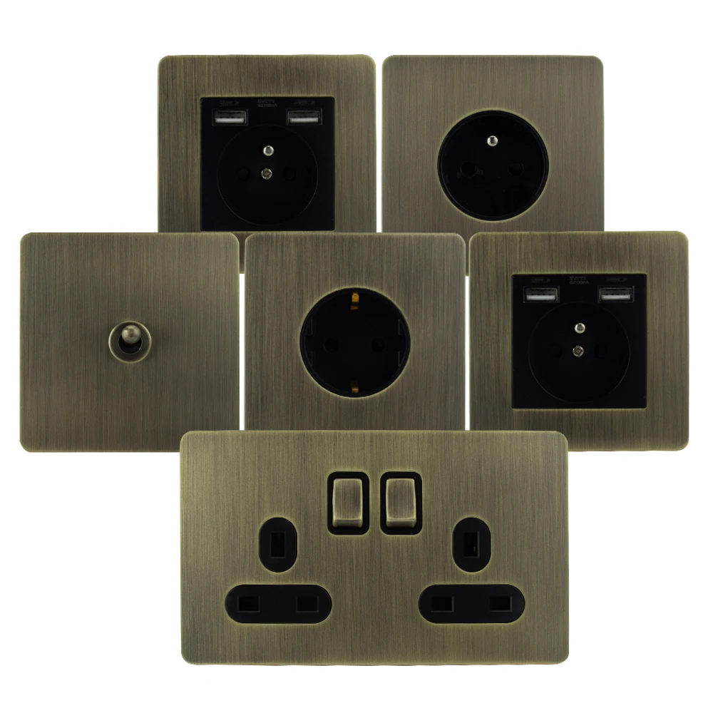 

Retro Toggle Bronze Brushed Switch1/2/3/4gang1/2/3way Metal Lever Stainless Steel Switch Panel EU France Double USB Socket Plug