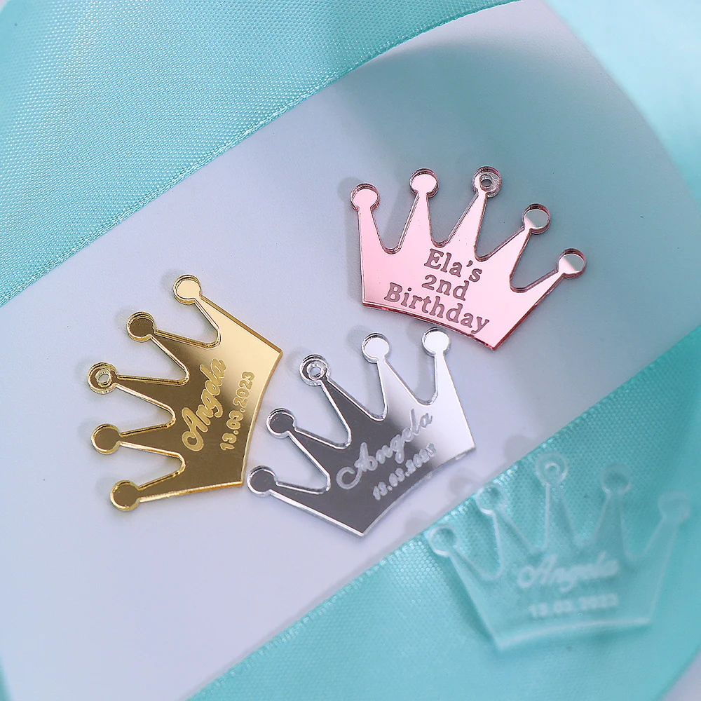 50/100pcs Personalized Acrylic Crown Tag Engraved Custom Baby Shower Baptism Decoration Princess Baptism Party Favor Decor