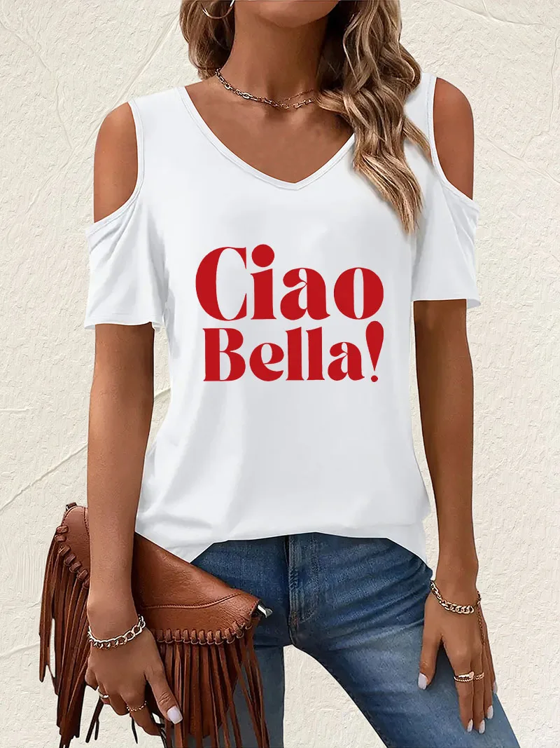 Fashion Ciao Bella Letter Print Off-Shoulder V-Neck T-shirt Short Sleeve Graphic V Neck 90s Y2k T Shirt Casual Top Summer