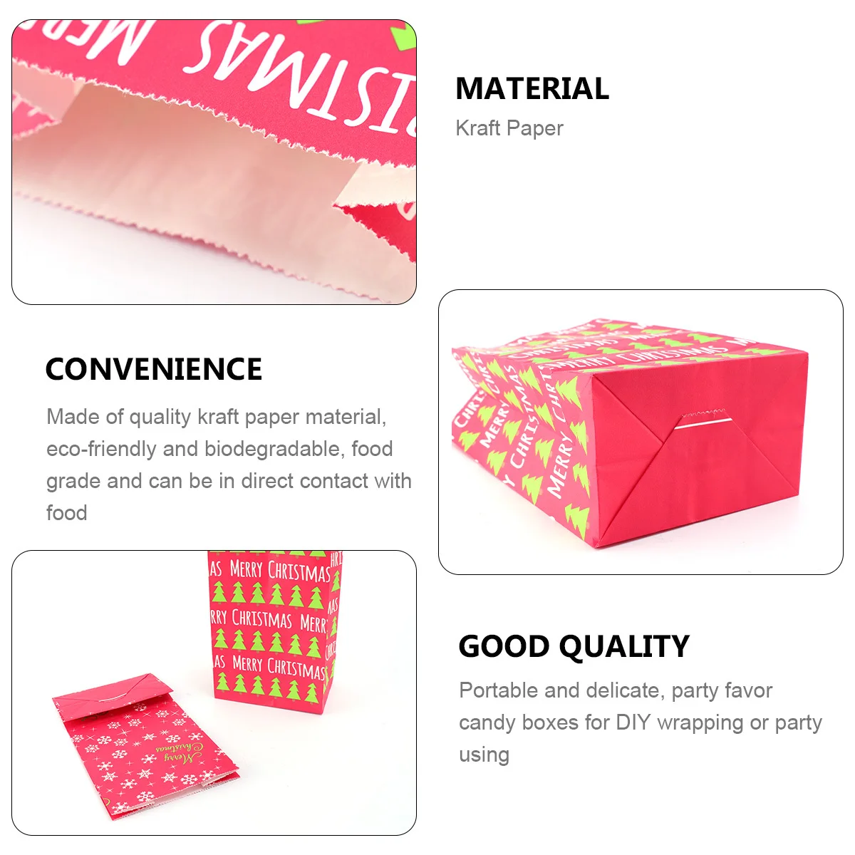 

12Pcs Gift Bag Christmas Kraft Paper Red Merry Christmas Snowflake Tree Pattern Biodegradable Pouch for Holiday Party Decoration