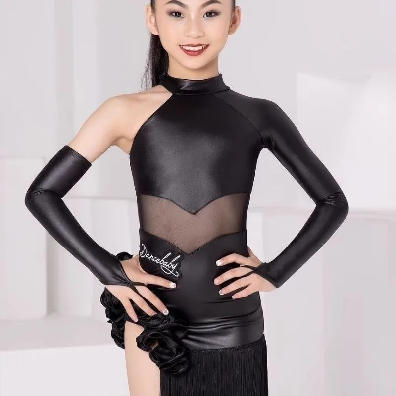 

Customized Girls Performance Costume One-Sleeve Black Fringe Skirt Kids Latin Dance Dress Samba Chacha Competition Training Suit
