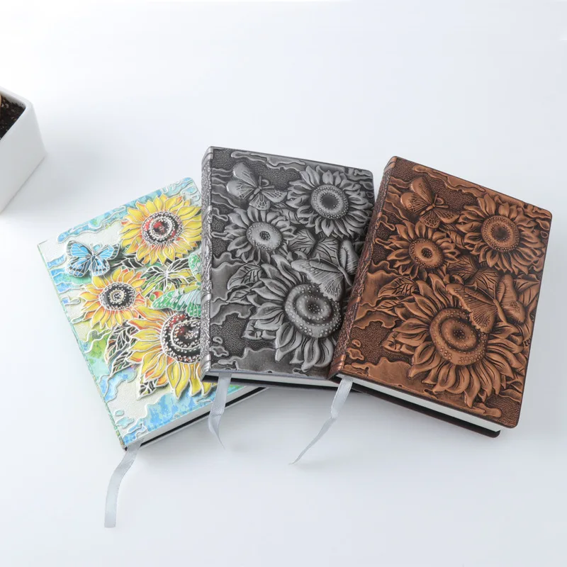 CHEN LIN Creative Retro 3D Sunflower Relief A6 Notebook Journal Embossed Writing Notebook Leather Cover Student Travel Diary