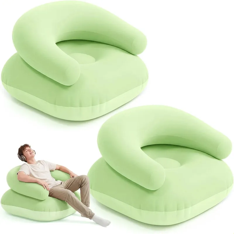 Green Inflatable Armrest Sofa With Foot Pump Portable Air Lounger For Camping Beach Backyard Indoor Outdoor Relax Furniture