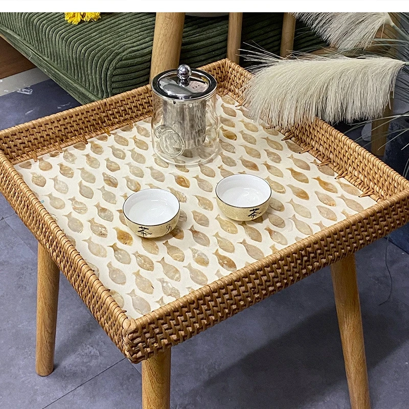 Handmade rattan woven colorful shells household tea table light luxury modern small living room furniture