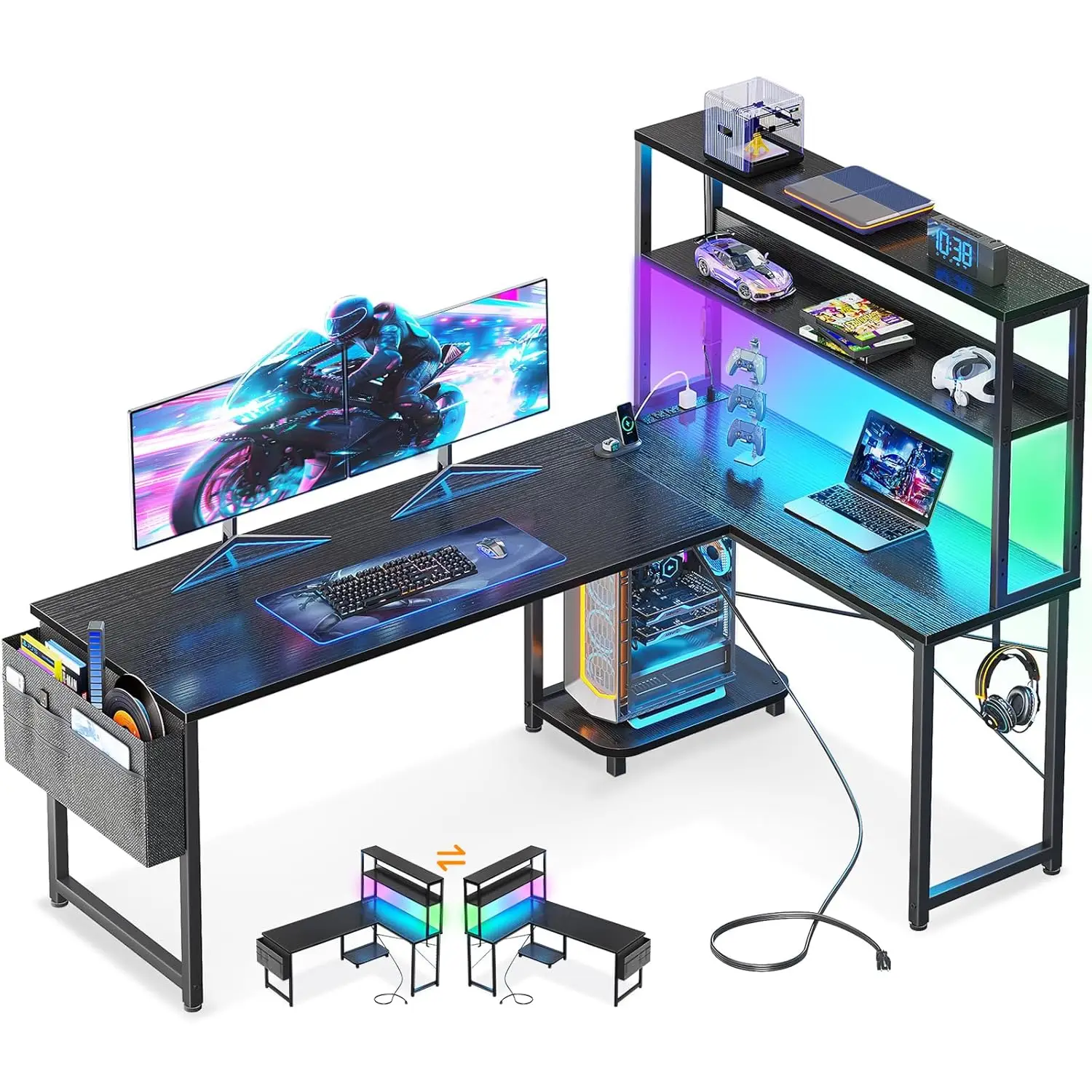 

Игровой стол 61 дюйм с розетками и LED-подсветкой, L-образный компьютерный стол с полками и сумкой для хранения, настраиваемый под заказ