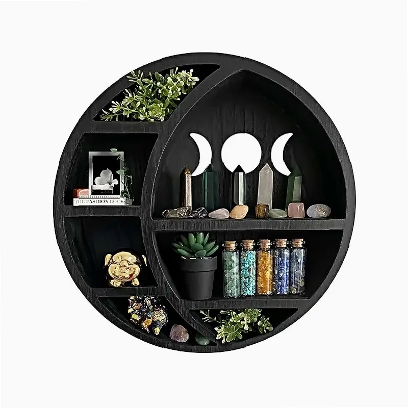 Gothic Witchy Moon Shelf for Crystals, Essential Oils & Plants - Wooden Floating Wall Shelf Decor