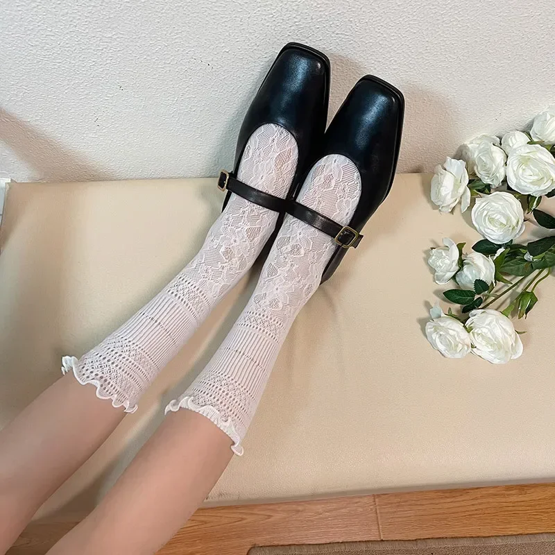 

Japanese Fashion Solid Color Black White Loose Long Socks Mesh Fishnet Lace Socks JK Lolita Girls Kawaii Cute Ruffle Socks Women