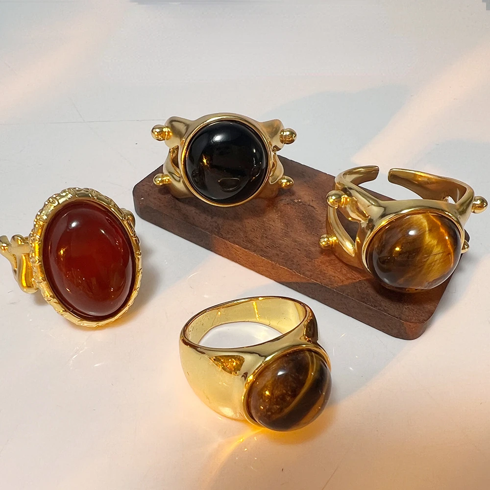 Vintage Natural Tiger Eye Black Obsidian Ring Best Seller Simple Open Ring Fashionable Jewelry for Woman Girl Party Daily Wear