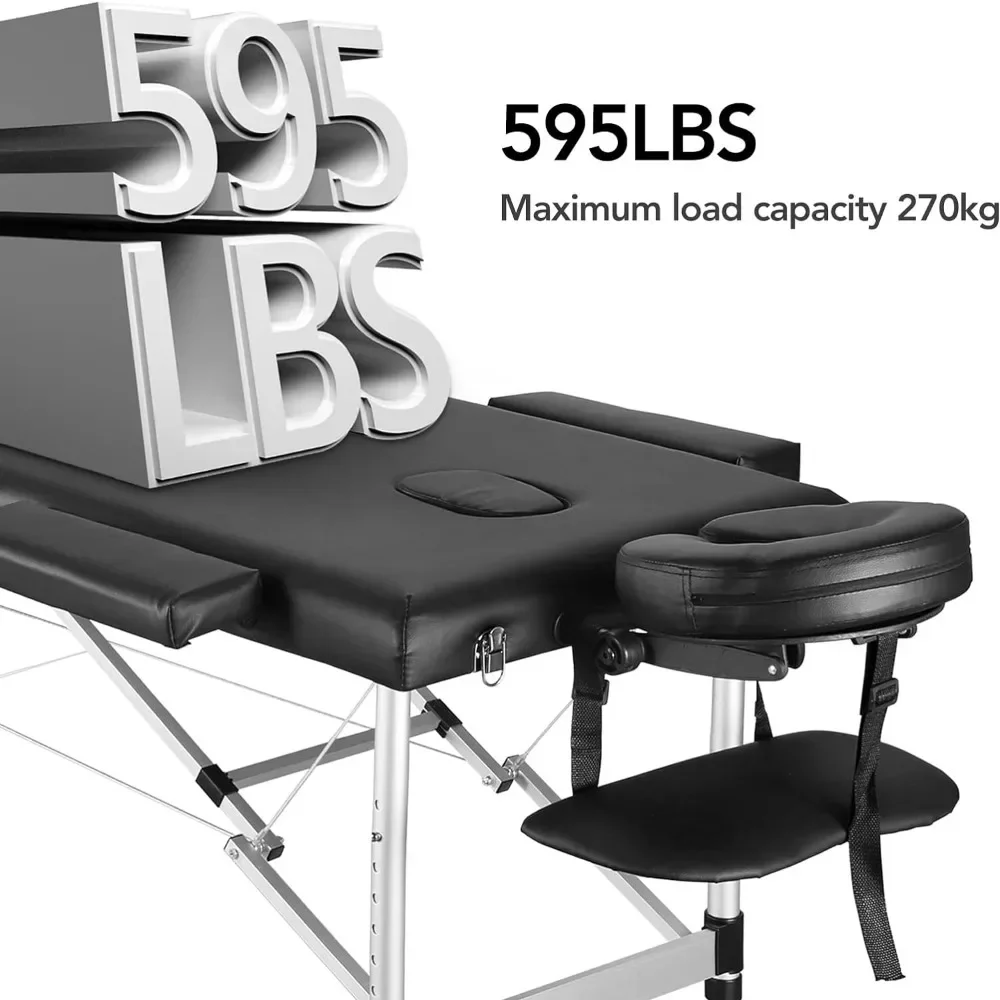Portable Massage Table Professional Massage Bed 3 Fold 82 Inches Height Adjustable for Spa Salon Lash Tattoo Carrying Bag Black