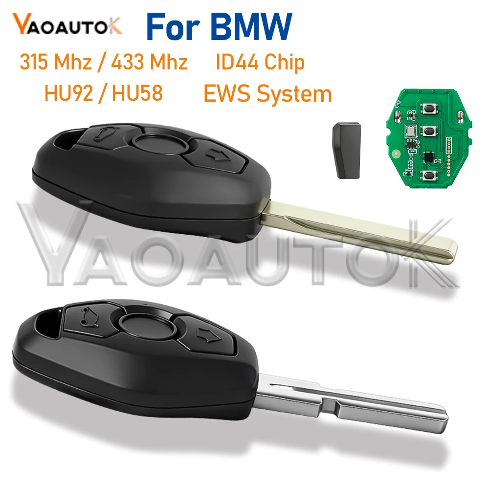 EWS System 3 Button Remote Car Key For BMW 330 325 525 E38 E39 E46 X3 X5 Z3 Z4 1/3/5/7 Series ID44 Chip 315/433MHz HU58 HU92