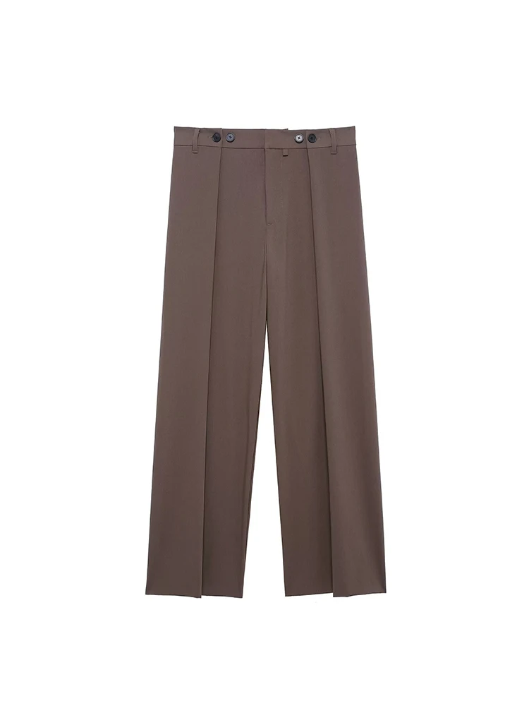 

Willshela Women Fashion Brown Pleated Front Zipper Straight Pants Vintage High Waist Full Length Female Chic Lady Trousers