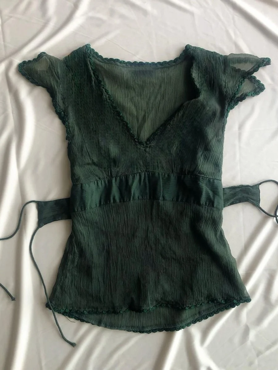 

Женская футболка с V-образным вырезом и завязками, дышащая, из смесового хлопка, с коротким рукавом, для повседневной носки, модная, маленькая, красивая.