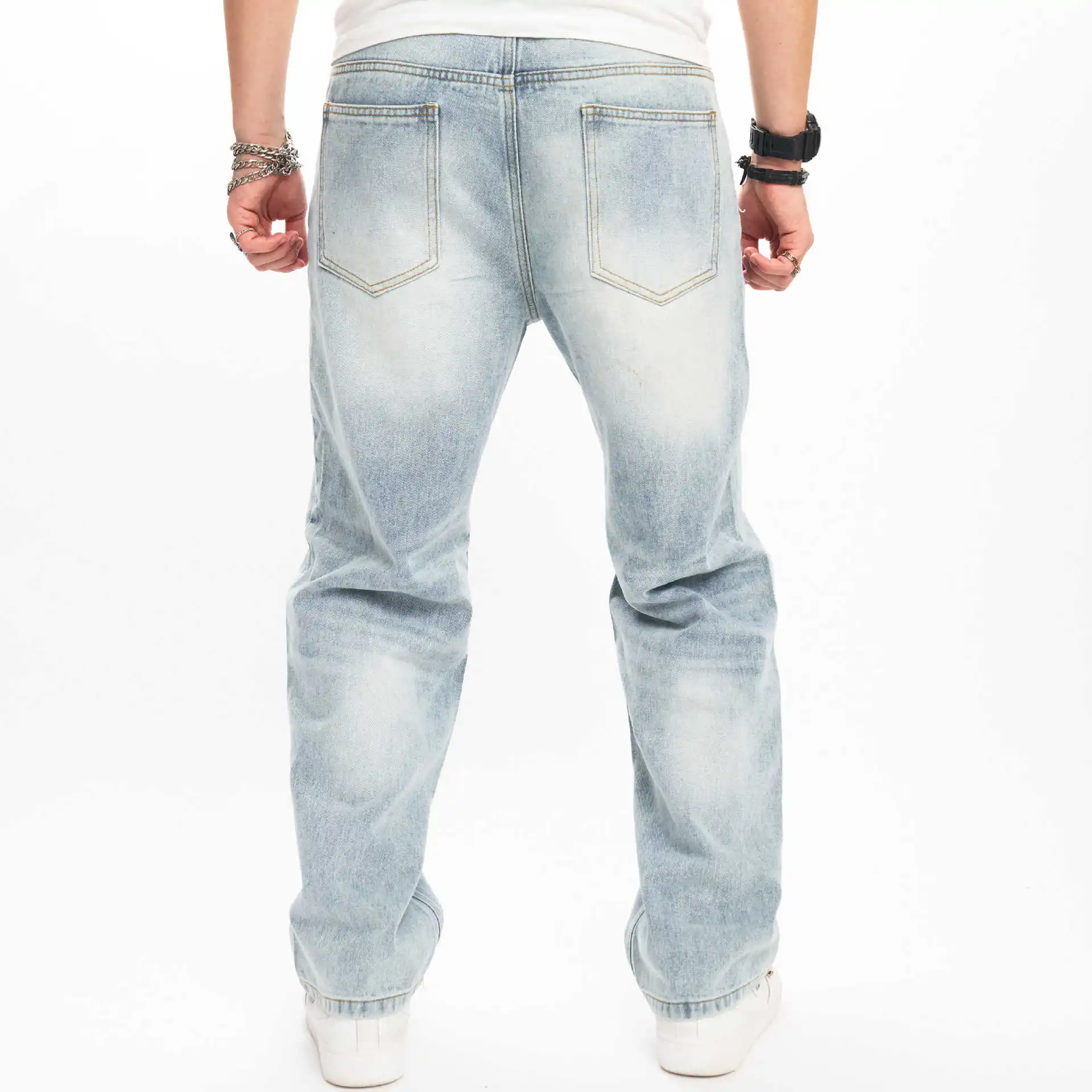 New High Street Men's Jeans High Quality Solid Biker jeans Fashion Casual Stretch Straight Blue Trousers Streetwear Man Clothes